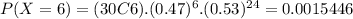 P(X=6)=(30C6).(0.47)^{6}.(0.53)^{24}=0.0015446