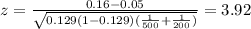 z=\frac{0.16-0.05}{\sqrt{0.129(1-0.129)(\frac{1}{500}+\frac{1}{200})}}=3.92