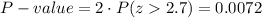 P-value=2\cdot P(z2.7)=0.0072