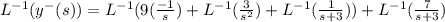 L^{-1} (y^{-}(s) ) =L^{-1} (9( \frac{-1}{s}) + L^{-1} (\frac{3}{s^{2} }) + L^{-1} (\frac{1}{s+3}) )+ L^{-1} (\frac{7}{s+3})
