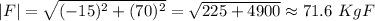 |F|=\sqrt{(-15)^{2}  +(70)^{2}  } =\sqrt{225+4900} \approx  71.6 \ KgF