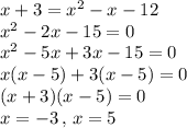 x+3=x^2-x-12\\x^2-2x-15=0\\x^2-5x+3x-15=0\\x(x-5)+3(x-5)=0\\(x+3)(x-5)=0\\x=-3\,,\,x=5