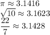 \pi\approx 3.1416\\\sqrt{10}\approx 3.1623\\\dfrac{22}{7}\approx 3.1428