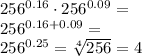 256^{0.16}\cdot 256^{0.09}=\\256^{0.16+0.09}=\\256^{0.25}=\sqrt[4]{256}=4