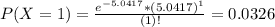 P(X = 1) = \frac{e^{-5.0417}*(5.0417)^{1}}{(1)!} = 0.0326