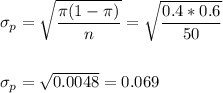\sigma_p=\sqrt{\dfrac{\pi(1-\pi)}{n}}=\sqrt{\dfrac{0.4*0.6}{50}}\\\\\\ \sigma_p=\sqrt{0.0048}=0.069