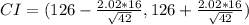 CI = (126 - \frac{2.02 * 16}{\sqrt{42}}, 126 + \frac{2.02 * 16}{\sqrt{42}})