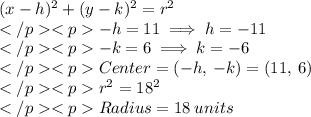 (x-h)^2 + (y-k)^2 = r^2 \\- h = 11\implies h = - 11\\- k= 6\implies k = - 6\\Center = (-h, \: - k) = (11,\: 6)\\r^2 = 18^2 \\Radius= 18\: units