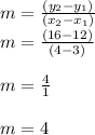 m = \frac{({y_{2}-y_{1}})}{(x_{2}-x_{1})}\\m = \frac{(16-12)}{(4-3)}\\\\m = \frac{4}{1}\\\\m = 4