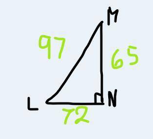 In ΔLMN, the measure of ∠N=90°, ML = 97, NM = 65, and LN = 72. What ratio represents the tangent of