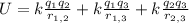 U=k\frac{q_1q_2}{r_{1,2}}+k\frac{q_1q_3}{r_{1,3}}+k\frac{q_2q_3}{r_{2,3}}