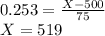 0.253=\frac{X-500}{75}\\X=519