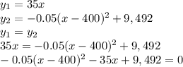 y_1=35x\\y_2=-0.05(x-400)^2+9,492\\y_1=y_2\\35x=-0.05(x-400)^2+9,492\\-0.05(x-400)^2-35x+9,492=0
