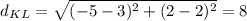 d_{KL} =\sqrt{(-5-3)^2 +(2-2)^2}= 8