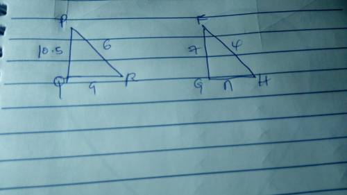 Triangle PQR is similar to triangle FGH.

Solve for n.
QP:10.5 
QR:9
RP:6
GF:7
HF:4
GH:n
