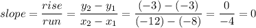 slope = \dfrac{rise}{run} = \dfrac{y_2 - y_1}{x_2 - x_1} = \dfrac{(-3) - (-3)}{(-12)-(-8)} = \dfrac{0}{-4} = 0