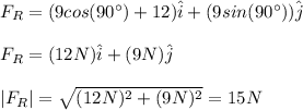 F_R=(9cos(90\°)+12)\hat{i}+(9sin(90\°))\hat{j}\\\\F_R=(12N)\hat{i}+(9N)\hat{j}\\\\|F_R|=\sqrt{(12N)^2+(9N)^2}=15N