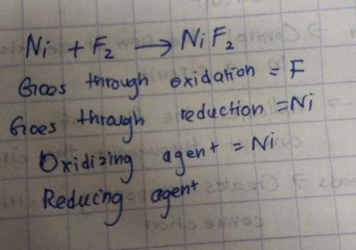 Ni + F2 --> NiF2, Identify what's being oxidized, what's being reduced, the oxidizing agent, and
