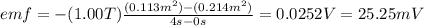 emf=-(1.00T)\frac{(0.113m^2)-(0.214m^2)}{4s-0s}=0.0252V=25.25mV