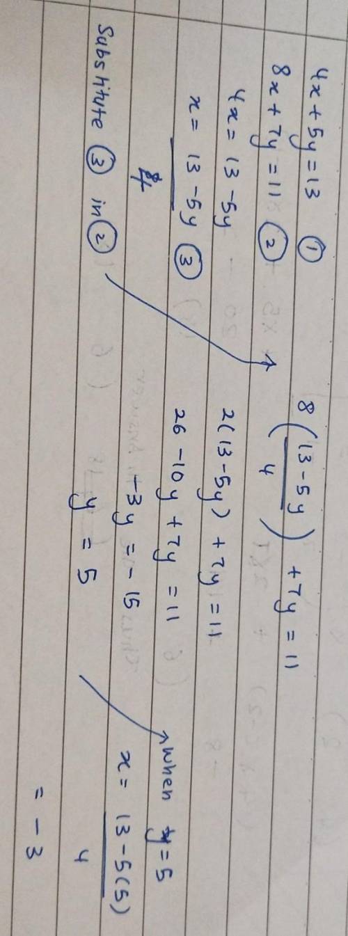 Solution of the system of equations.
4x + 5y = 13
W
8x + 7y = 11