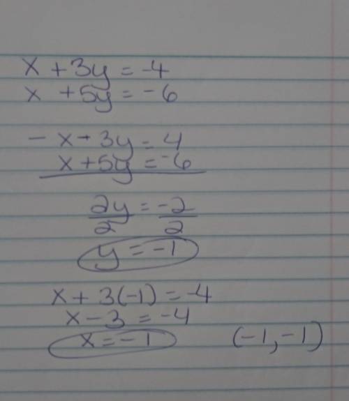 Solve the following system of equations:
x + 3y = −4
x + 5y = −6
pls and thx