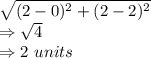 \sqrt{(2-0)^2+(2-2)^2}\\\Rightarrow \sqrt{4}\\\Rightarrow 2\ units