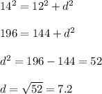 14^2 = 12^2 + d^2\\\\196 = 144 + d^2\\\\d^2 = 196 - 144 = 52\\\\d = \sqrt{52} = 7.2