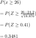P(x\geq 26)\\\\=P(Z\geq \frac{26-24.2}{\sqrt{18.876} } )\\\\=P(Z\geq 0.41)\\\\=0.3481