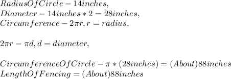 Radius Of Circle - 14 inches,\\Diameter - 14 inches * 2 = 28 inches,\\Circumference - 2\pi r, r = radius,\\\\2\pi r - \pi d, d = diameter,\\\\Circumference Of Circle - \pi * ( 28 inches ) = ( About ) 88 inches\\Length Of Fencing = ( About ) 88 inches