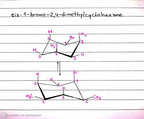 Draw a chair conformation for cis-1-bromo-2,4-dimethylcyclohexane showing equatorial and axial posit
