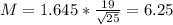 M = 1.645*\frac{19}{\sqrt{25}} = 6.25