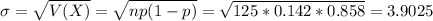\sigma = \sqrt{V(X)} = \sqrt{np(1-p)} = \sqrt{125*0.142*0.858} = 3.9025