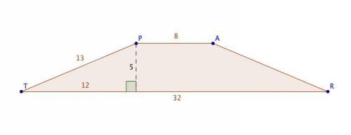 The area of trapezoid TRAP is 100. Furthermore, TR=32, AP=8, and TP=RA. If