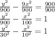 \frac{y^2}{900}-\frac{9x^2}{900}=\frac{900}{900}\\\frac{y^2}{900}-\frac{x^2}{100}=1\\\frac{y^2}{30^2}-\frac{x^2}{10^2}=1