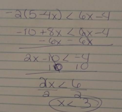What is the final step in solving the inequality –2(5 – 4x) < 6x – 4?