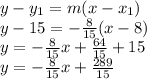 y-y_{1} =m(x-x_{1} )\\y-15=-\frac{8}{15}(x-8) \\y=-\frac{8}{15}x+\frac{64}{15}+15\\  y=-\frac{8}{15}x+\frac{289}{15}