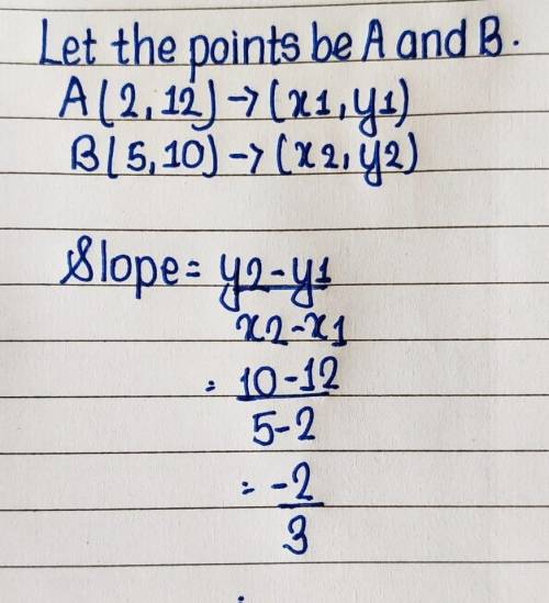 Find the slope of the line that passes through (2, 12) and (5, 10).

Simplify your answer and write
