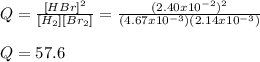 Q=\frac{[HBr]^2}{[H_2][Br_2]} =\frac{(2.40x10^{-2})^2}{(4.67x10^{-3})(2.14x10^{-3})} \\\\Q=57.6
