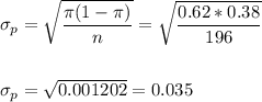 \sigma_p=\sqrt{\dfrac{\pi(1-\pi)}{n}}=\sqrt{\dfrac{0.62*0.38}{196}}\\\\\\ \sigma_p=\sqrt{0.001202}=0.035