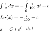 \int {\frac{1}{x} } \, dx = -\int\limits^t_0 {\frac{1}{100} } \, dt  + c\\\\Ln( x ) = -\frac{t}{100} + c\\\\x = C*e^(^-^\frac{t}{100}^)