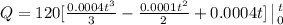 Q = 120 [ \frac{0.0004t^3 }{3} - \frac{0.0001 t^2}{2} +0.0004t] }  \left | t} \atop {0}} \right.
