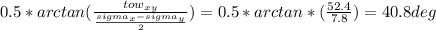 0.5*arctan ( \frac{tow_x_y}{\frac{sigma_x-sigma_y}{2} } )= 0.5*arctan*( \frac{52.4}{7.8} ) = 40.8 deg