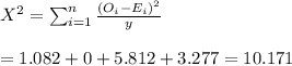X^2=\sum^n_{i=1}\frac{(O_i-E_i)^2}{y} \\\\= 1.082+0+5.812 +3.277 = 10.171