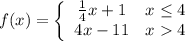 f(x)=\left\{\begin{array}{ccc}\frac{1}{4}x+1 &x\leq 4\\4x-11&x4\end{array}\right