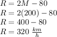 R=2M-80\\R=2(200)-80\\R=400-80\\R=320\,\,\frac{km}{h}