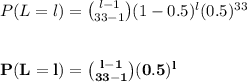P(L=l) = \binom{l-1}{33-1}(1-0.5)^{l}(0.5)^{33} \\ \\ \\  \mathbf{P(L=l) = \binom{l-1}{33-1}(0.5)^{l} }