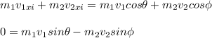 m_1v_{1xi}+m_2v_{2xi}=m_1v_1cos\theta+m_2v_{2}cos\phi\\\\0=m_1v_1sin\theta-m_2v_2sin\phi
