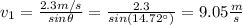 v_1=\frac{2.3m/s}{sin\theta}=\frac{2.3}{sin(14.72\°)}=9.05\frac{m}{s}