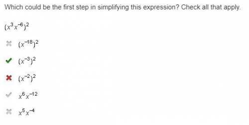 Which could be the first step in simplifying this expression (x^3x^-6)^2