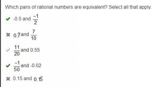 Which pairs of rational numbers are equivalent? Select all that apply.

 
-0.5 and Negative one-half